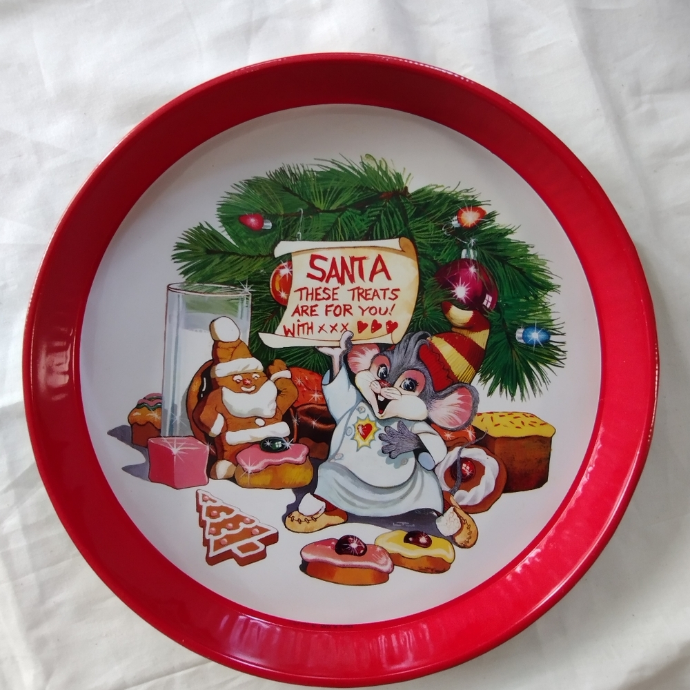 Christmas Cookie Serving Tray Round Vintage Metal Platter Santa Mouse Giftco In